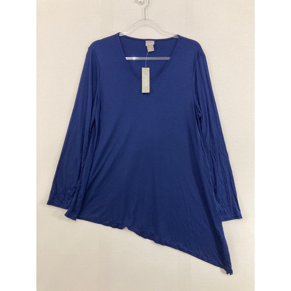 New Chico's Tunic Knit Size Large/2 Navy Asymmetrical‎ Hem V-Neck Long Sleeve